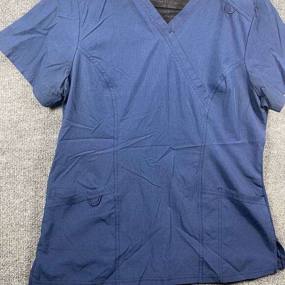 Elle Mock Wrap Scrub Top Women's Medium Blue Zip Pocket Medical Nursing - Picture 3 of 12